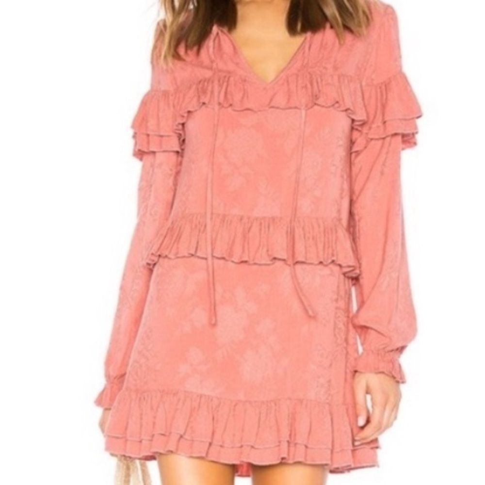 Tularosa Odette Mini Dress, a pink long-sleeve dress featuring ruffled tiers XS